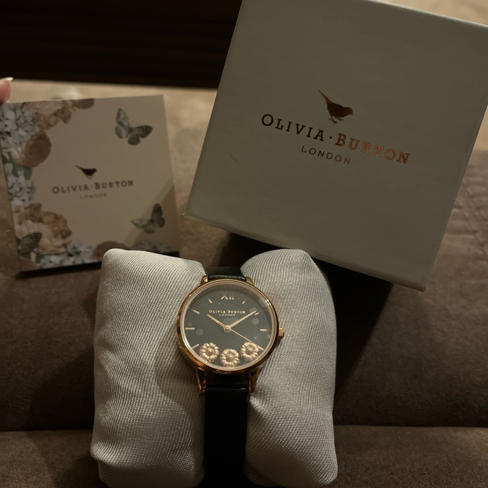 Olivia Burton Dancing Daisies Black and Rose Gold Watch w/ Blk Leather Band - Picture 3 of 5